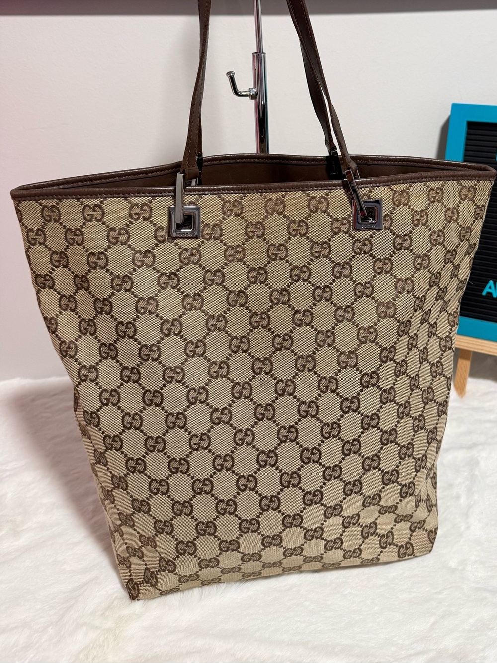 Gucci Beige/Brown GG Canvas Tote with Dark Brown Leather Straps